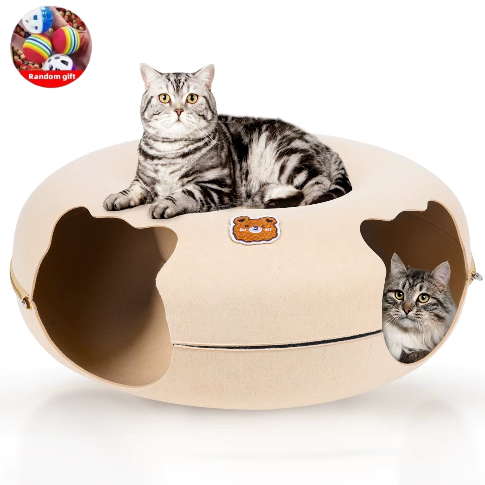 Cat Tunnel Bed for Cats Peekaboo Cat Cave Dual-Opening Cat Cave for Medium Large Cats Scratchable Donut Cat Bed Cat Donut Tunnel